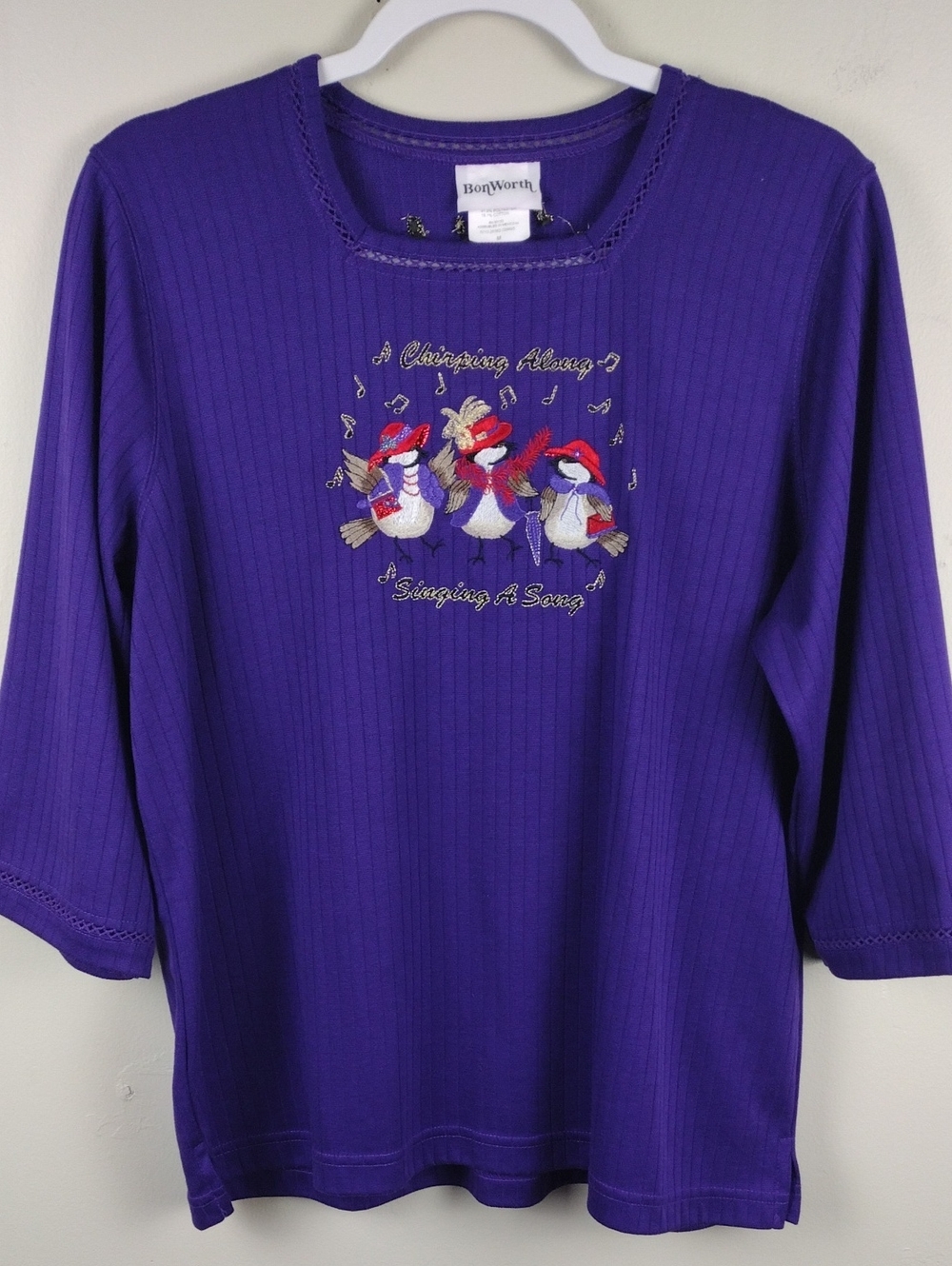 Bon Worth Red Hat Society Purple Square Neckline 3/4 Sleeve Embroider Detail Top